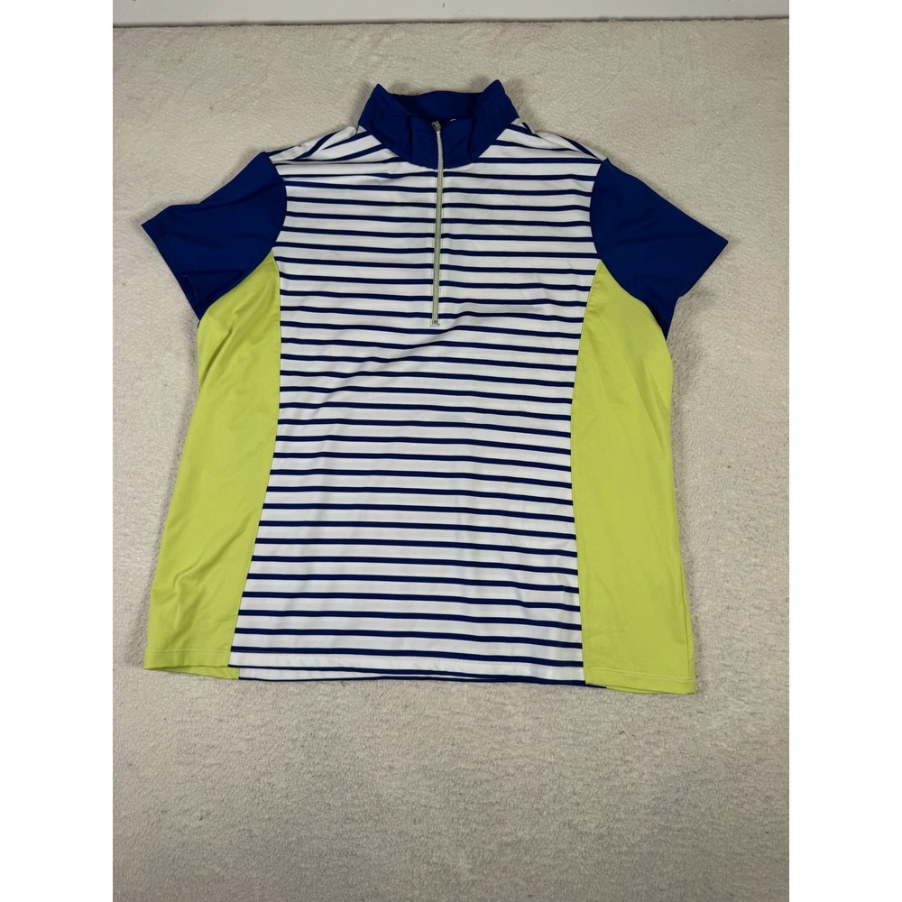 Zenergy Golf Chico's Quarter Zip Top Womens 3 Blue White Stripe Lime Green EXCL